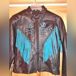Heavy Genuine Leather Turquoise Rose With Fringe All Over